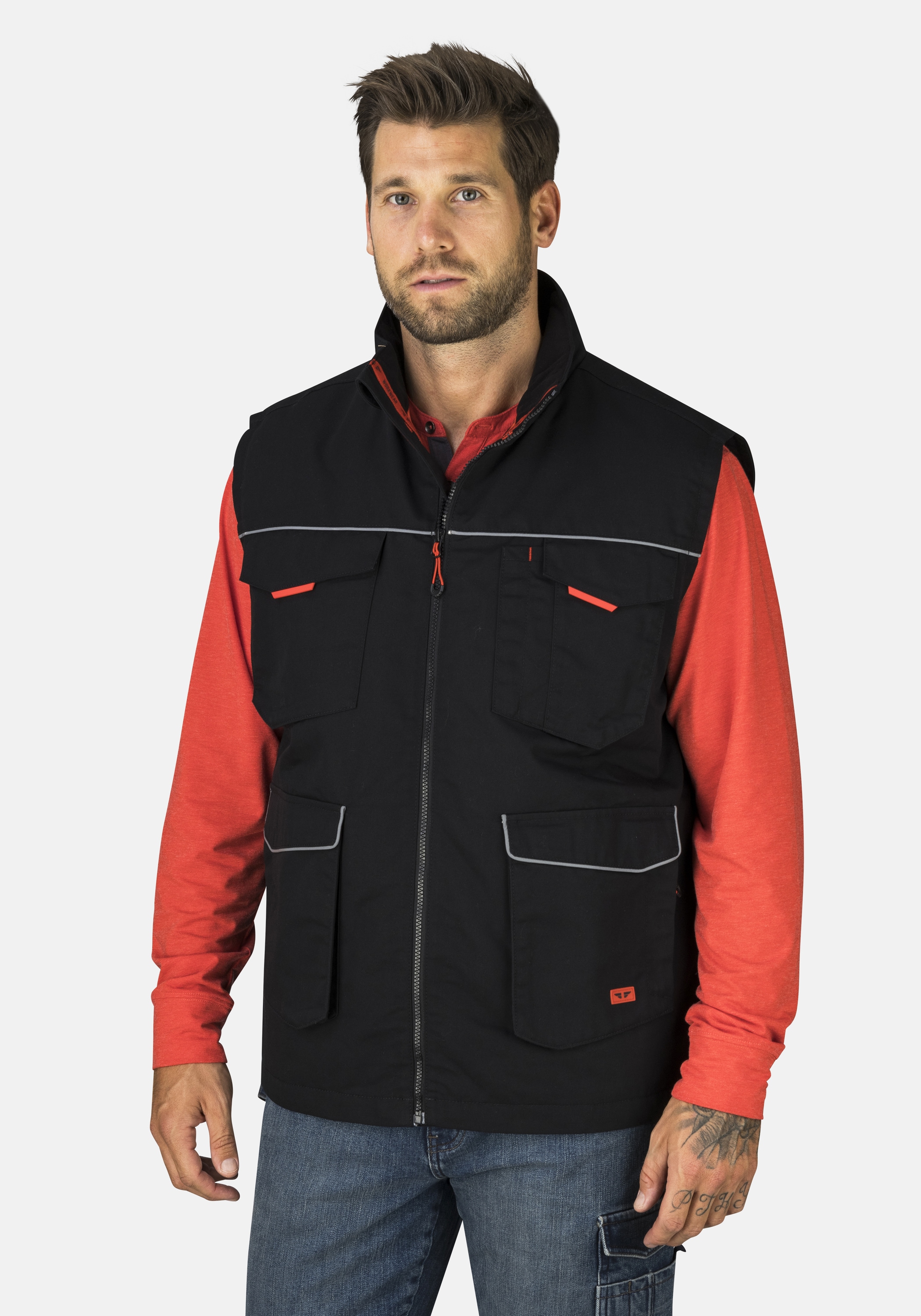 Arbeitsweste HERO BY JOHN MEDOOX "Pro Workwear Arbeits-Cargoweste Outdoor", Herren, Gr. L, schwarz, angeraute Sweatware, 65% Polyester, 35% Baumwolle, regular fit, Westen, Arbeits-Cargoweste Outdoor Funktionsqualitätfür Herren Image