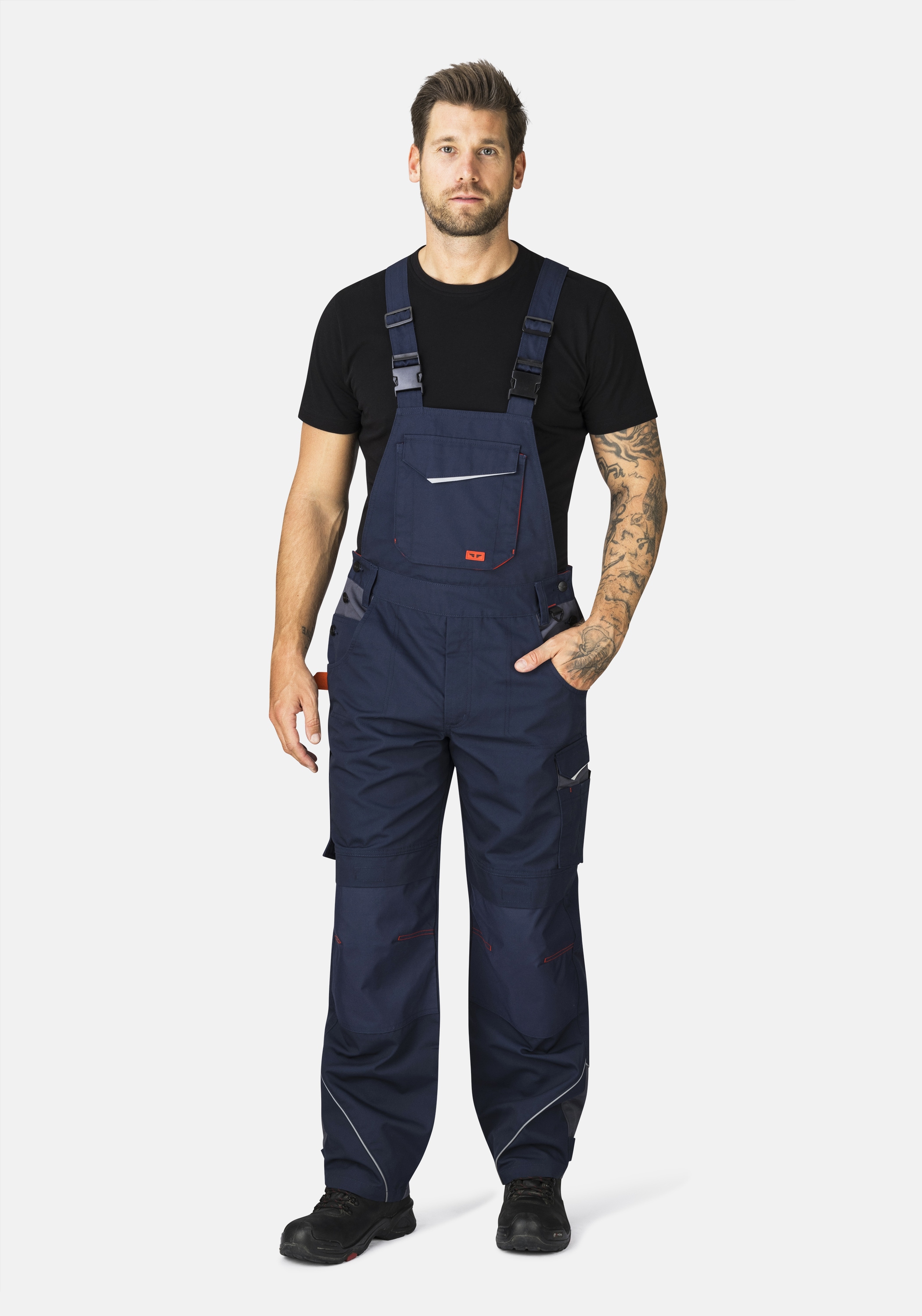 Arbeitslatzhose HERO BY JOHN MEDOOX "EDMONTON Pro Workwear Arbeits-Cargo-Latzhose", Herren, Gr. 52, Länge 32, blau (marine), Sweatware, 65% Polyester, 35% Baumwolle, gerade lang, Hosen, Arbeits-Cargo-Latzhose Funktionsqualitätfür Herren