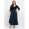Abendkleid SHEEGO "Große Größen", Damen, Gr. 54, Normalgrößen, blau (nachtblau), Obermaterial: 95% Polyester, 5% Elasthan;Spitze: 100% Polyamid, unifarben, elegant, figurumspielend lang, V-Ausschnitt, 3/4-Ärmel, Kleider, mit Oberteil aus floraler...