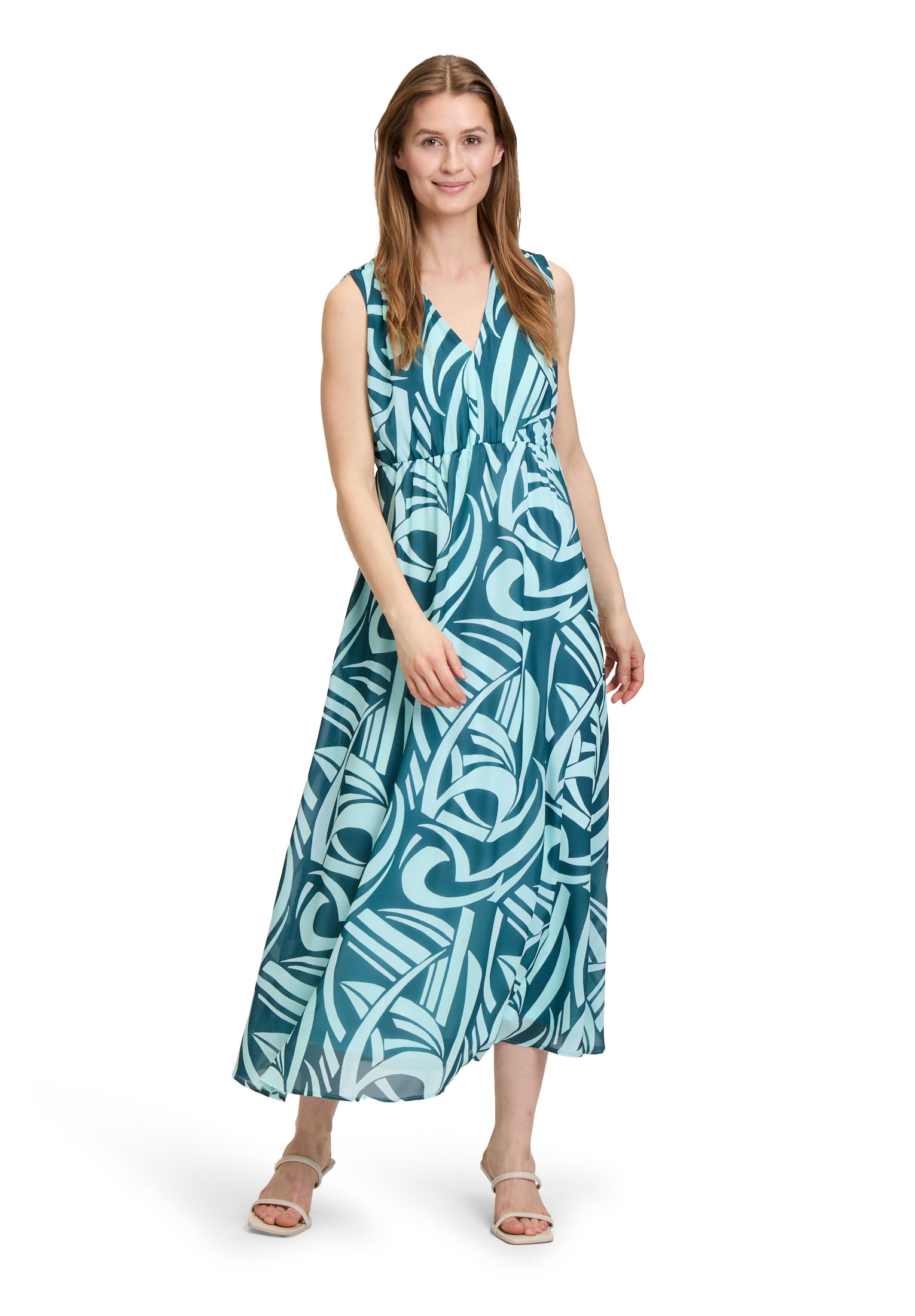 Chiffonkleid BETTY & CO "Damen Sommerkleid Chiffonkleid ohne Arm", Damen, Gr. 46, Normalgrößen, blau (petrol, mint), Obermaterial: 100% Polyester. Futter: 100% Polyester., figurumspielend lang, V-Ausschnitt, Kleider, Druck Image