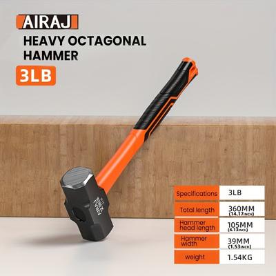 TEMU Airaj Heavy-duty Octagonal Hammer - 1lb/2lb/3lb Options, High Carbon Steel With Anti-slip Handle, Solid Head For Durability, Ideal For Office, Home Renovation & Diy Projects, Airaj Image