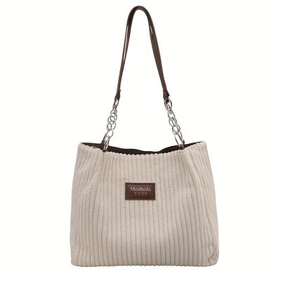 TEMU An Elegant Corduroy Handbag For Women, Featuring A Chain Shoulder Strap, Spacious Design, Daily Commuting, With A Polyester , Zip Closure, No Prints, No Fur, In Black, , Khaki, And Green. Image