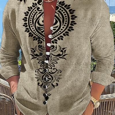 TEMU Men's Casual 3d Print Collar Shirt, Ethnic Totem Pattern, Polyester 100%, , Regular Fit, Button Detail, Woven Fabric, 120gsm - Halloween, Thanksgiving, Christmas, New Year's Parties Image
