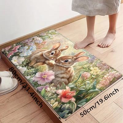 TEMU 1pc Easter Bunny Oil Painting Floral Jungle Pattern Long Runner Mat, Flannel Knit Fabric, Fade Resistant, Polyester Backing, 580gsm, For Kitchen, Bathroom, Laundry Room Decor Image