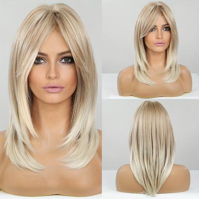 TEMU Ombre Blonde Wigs For Women Shoulder Length Layered Straight Synthetic Hair Wig With Curtain Bangs Daily Party Use Wig Image