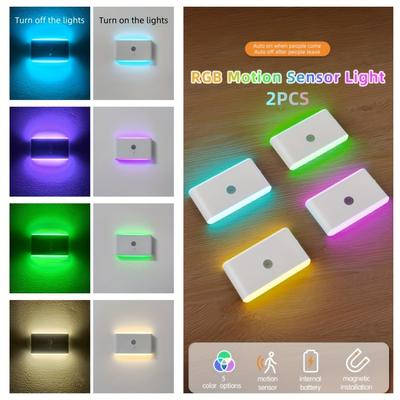 TEMU Usb Rechargeable, 400mah Magnetic Wall Light, Two-pack, Human Sensor, Rgb Atmosphere Lighting For Kitchen And Bedroom Scenes Image