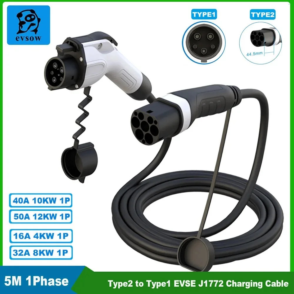 evsow EV-Lade-Verlängerungskabel Typ2 auf Typ1, Buchse auf Stecker, EV-Ladegerät, 12 kW, 50 A, 1P, Ladekabel für Elektrofahrzeuge, 5 m Image