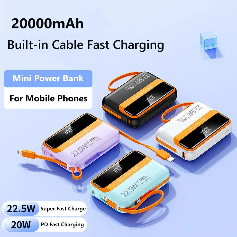 Mini Power Bank 20000 mAh 22,5 W Schnellladung Eingebaute Kabel Powerbank Externes Ladegerät für iPhone Samsung Huawei Xiaomi Image