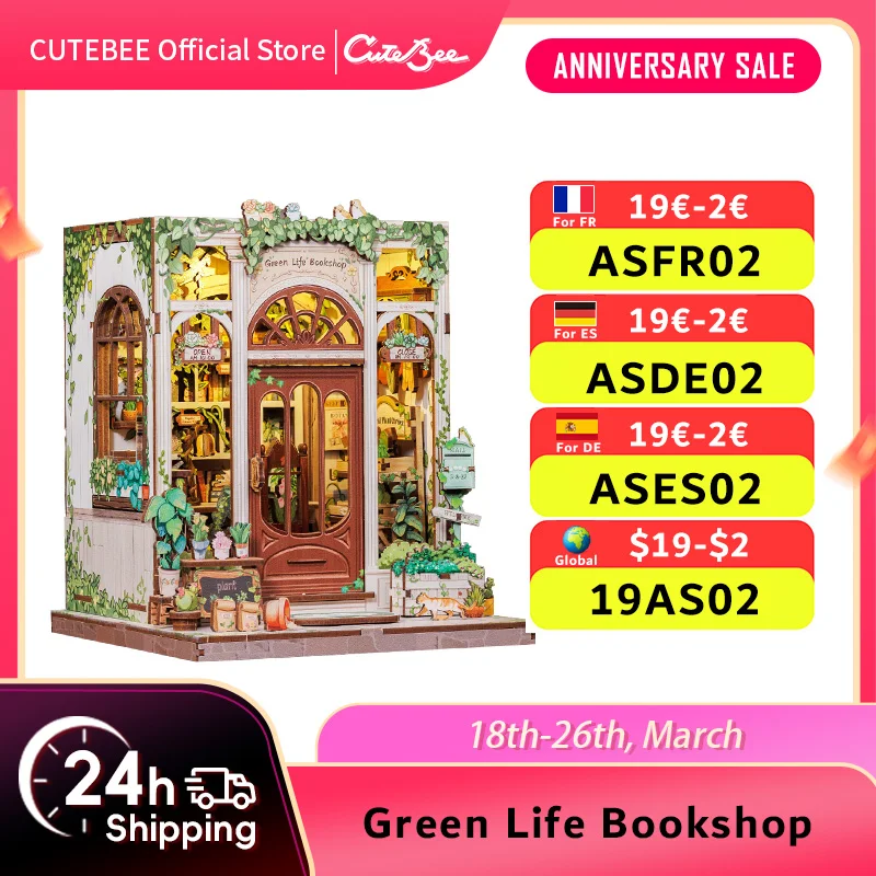 CUTEBEE Buchecke Kit Diy Miniatur Hausdekoration Holz Bücherregal Einsatz Modell mit Licht 3D Puzzle Gebäude für Kinderspielzeug Image