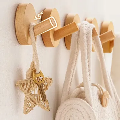 New Simple Wood Hook Hanging Hanger Punch Free Wall Wooden Hooks Bedroom Coat Storage Rack Home Towel Key Decoration Hook