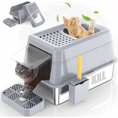 Stainless Steel Cat Litter Box with Lip, XXL Extra Large Enclosed Removable Metal Litter Box for Big