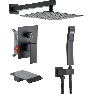 Black Concealed Shower System Rain Waterfall Bathroom Embedded Shower Faucet Set with Tub Spout