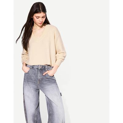 Bershka Cropped V-Neck Sweater Women S Sand