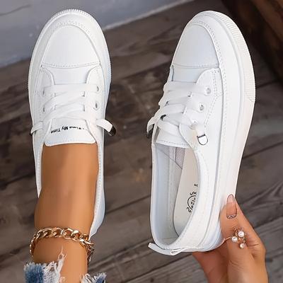 TEMU Women's Classic White Low-top Sneakers - Slip-on Round Toe Synthetic Cover Casual Shoes With Rubber Sole, Versatile Comfortable Fashion Footwear, Everyday | | Fabric Lined Interior Image
