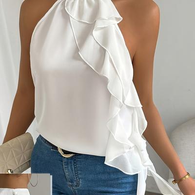 TEMU Elegant Special Women's Stand Collar Sleeveless Blouse - Lightweight Summer Semi-sheer Top With Elasticated Waist, Solid Color Machine Washable Regular Fit Image
