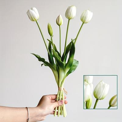 TEMU 5pcs Real Touch Artificial Tulip Bouquet - Vibrant Pink Fake Flowers With Green Stems For Home Table, Party, Wedding, And Valentine's Day Decor Image