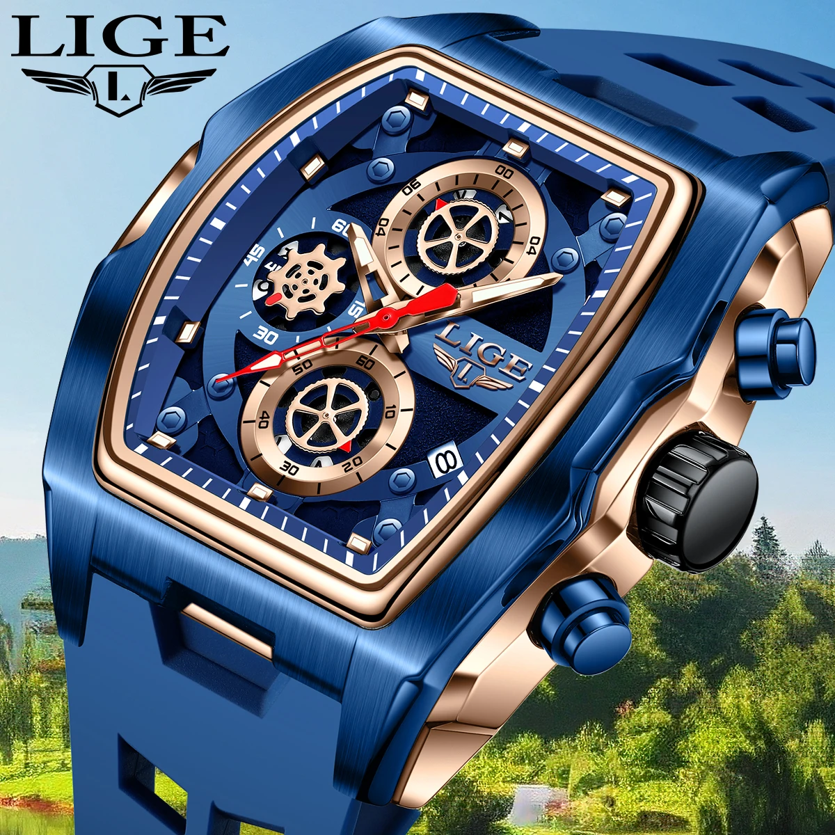 LIGE Neue Quadratische Uhr Männer Mode Silikon Militär Quarz Chronograph Handgelenk Uhren Für Männer Wasserdichte Sport Datum Männer Uhr Image
