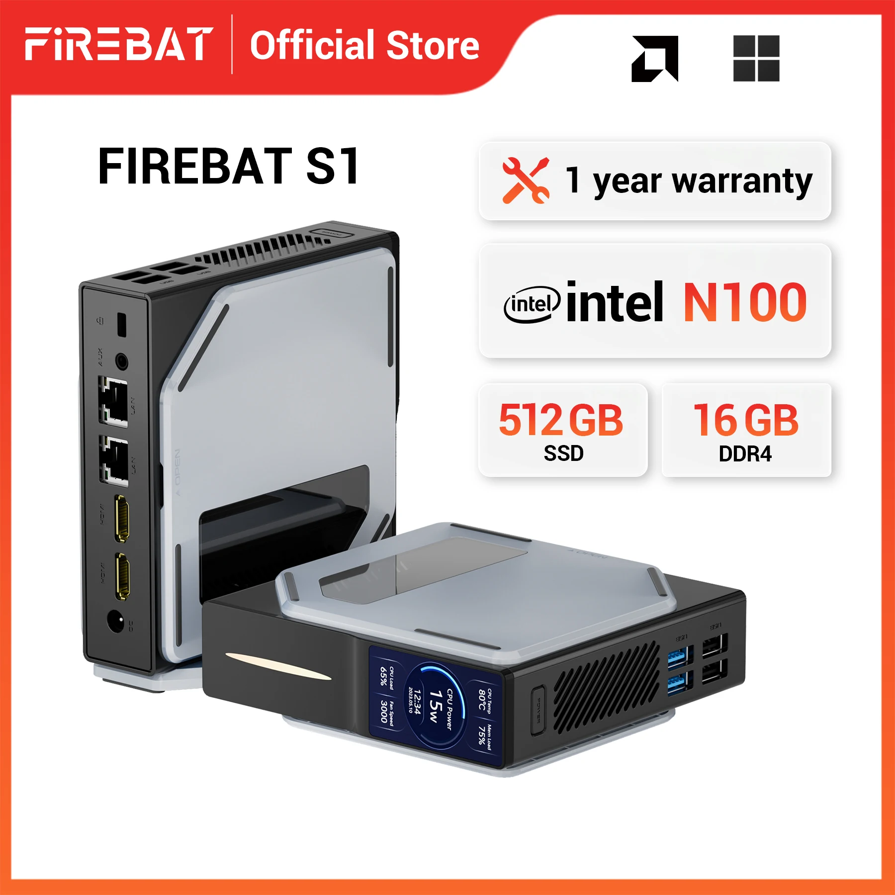 FIREBAT S1 Intel N100 CPU Mini PC Computer Gamer Gaming DDR4 16GB RAM 512GB SSD Windows 11 BT4.2 Dual HDMI Desktops Computer