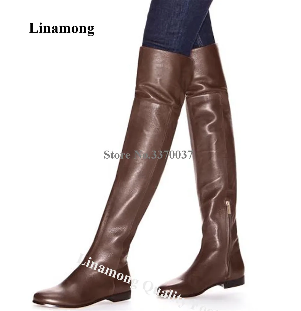 Linamong Winter-Overknee-Stiefel aus mattem Leder, flache Stiefel, elegante runde Zehen, braun, schwarz, lange flache Stiefel, große Reitstiefel
