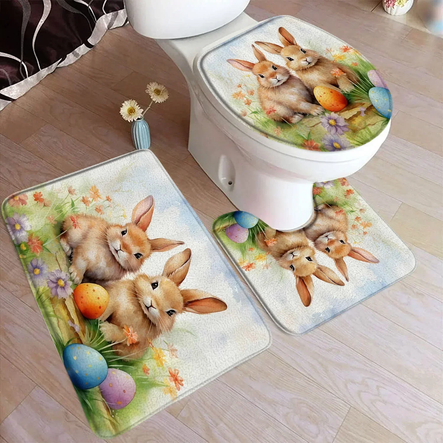 Lustiges Häschen-Ostern-Badematten-Set, braunes Kaninchen, Aquarell, Blume, Pflanze, Eier, Zuhause, Teppich, Badezimmer, Dekor, Bodenteppich, Toilettendeckel-Abdeckung Image
