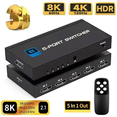 HDMI-kompatibler 2.1 Switch Splitter 4/5 Ports 8K 60Hz 4K 120Hz Switcher mit Fernbedienung HDR für PS5 Monitor TV Box Laptop PC Image
