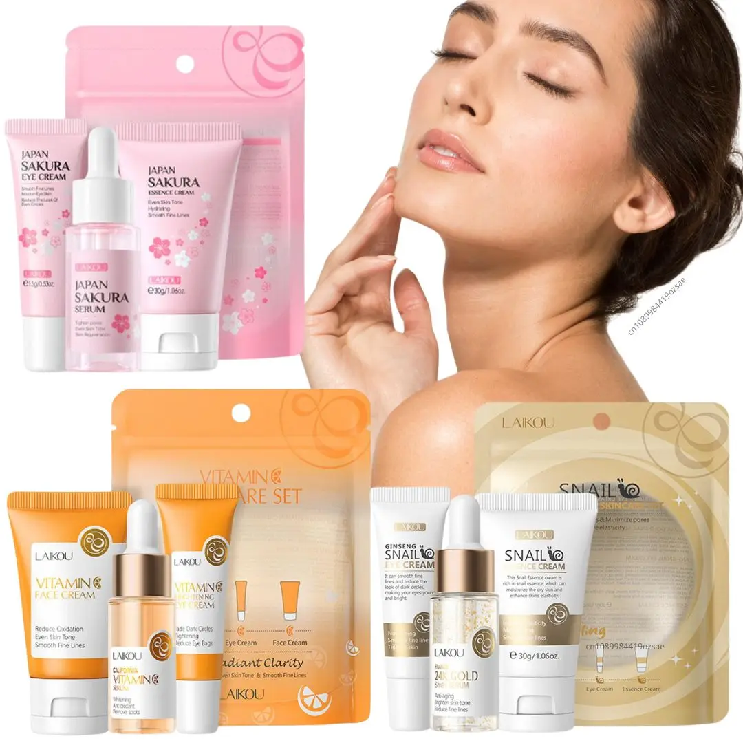 LAIKOU Hautpflegeset Vitamin C Schnecke Sakura Sincare Set Gesichtscreme Serum Augencreme Feuchtigkeitsspendendes, feuchtigkeitsspendendes Gesichtspflegeset 3 Stück/Set Image