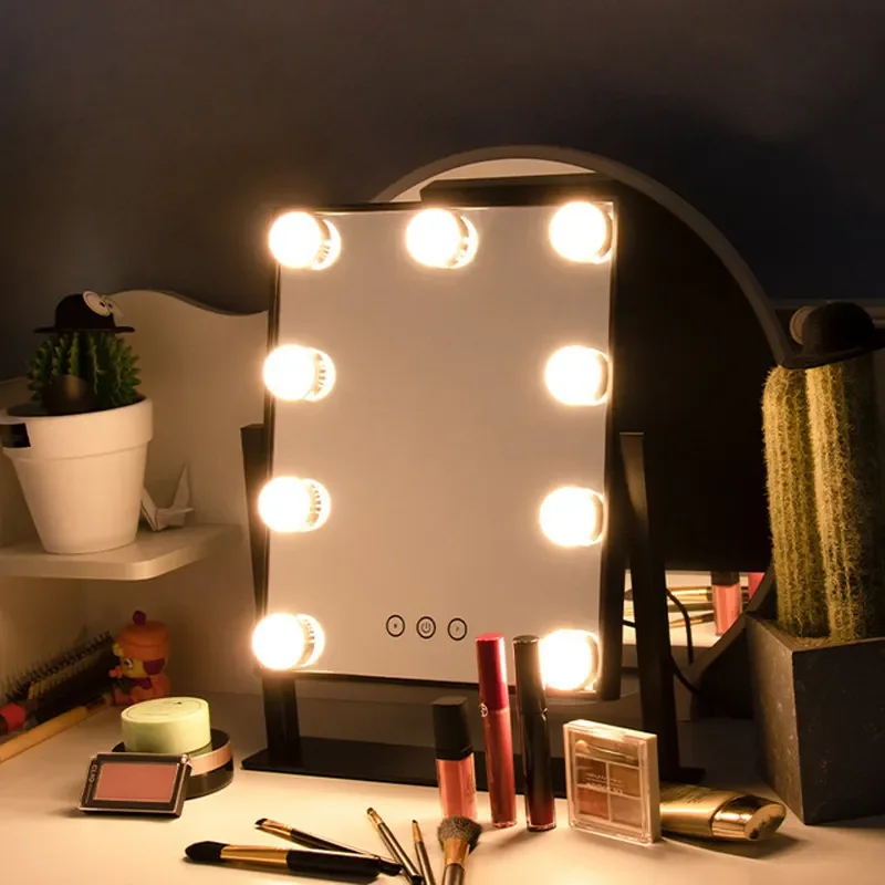 Vanity Hollywood Make-up-Spiegel mit 9 LED-Lampen, 3-farbige Beleuchtung, Dimmung, Touch-Steuerung 360 ° Rotation für Ankleidezimmer und Schlafzimmer Image