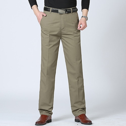 Herren Anzughosen Hose Hosen Tasche Gerade geschnitten Glatt Komfort Atmungsaktiv In voller Länge Hochzeit Casual Täglich 100% Baumwolle Sport Stilvoll Armeegrün Schwarz Hoher Taillenbund Unelastisch Image