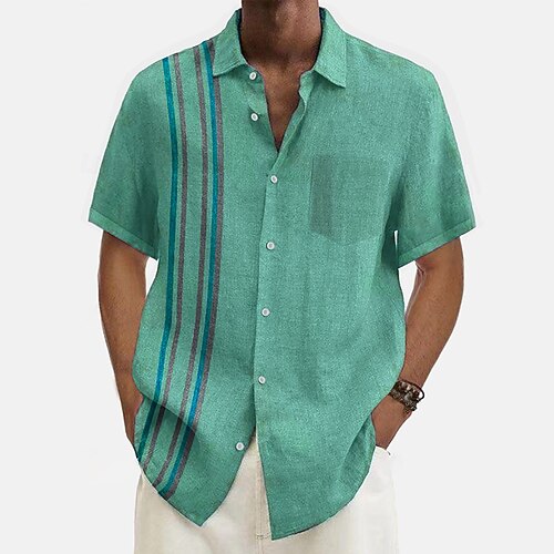 Herren Sommerhemd Freizeithemd Strandhemd Knopfhemd Blau Grün Kurzarm Muster Streifen Revers Urlaub Hawaiianisch Bekleidung Polyester Mode Lässig Bequem Image