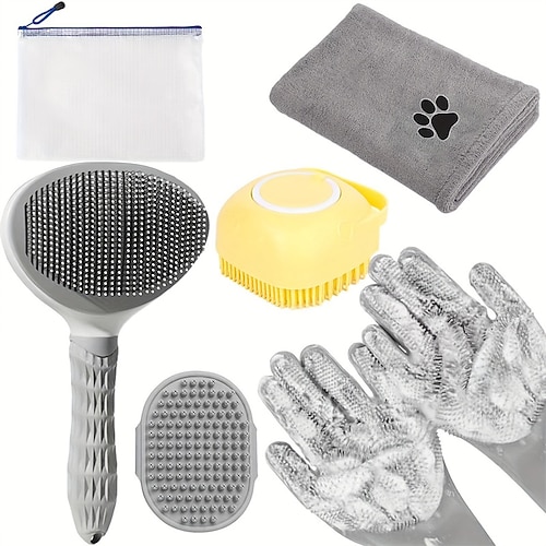 6-teiliges Hundebadebürstenset 6-teiliges Hundebadebürstenset mit Handtuch Waschhandschuhe, Zupfbürste, Fellpflegebürste zum Entfernen von Haaren, Shampoo-Schrubber für Hunde und Katzen Image