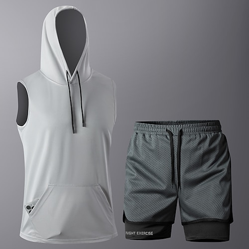 Herren Trainingsanzug Laufshirt mit kurzer Laufhose Kordelzug Tasche Einfarbig Sweatshirt und Hose Sportbekleidungsset Kombination Sommer Schwarz Weiß Fitnesstraining Joggen Laufen Weich Atmungsaktiv Image