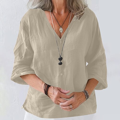 Damen Baumwoll Mischung Bluse Knöpfe Einfach Basic Modern Dreiviertelarm V Ausschnitt Normale Oberteile Täglich Ferien Ausgehen Schwarz Weiß Rosa Braun Aprikose Sommer Image
