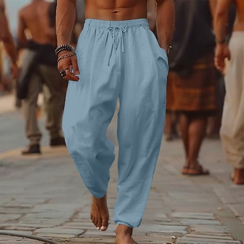 Herren Leinenhosen Hose Sommerhose Baggy-Hosen Strandhose Kordelzug Elastischer Bund Weites Bein Einfach Komfort Atmungsaktiv Volle Länge Outdoor Lässig Ferien Mode Retro Vintage Schwarz Weiß Image