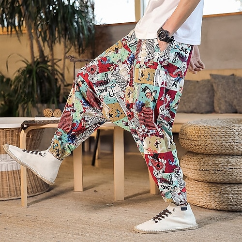 Herren Haremshosen Jogginghose Trainingshose Hose Hosen Sommerhosen Ausgebeult Elastische Taille Drop Schritt Schmetterling Abstrakt Blume Atmungsaktiv Weich In voller Länge Casual Täglich Baumwolle Image