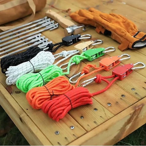 5 m winddichtes Outdoor-Seil, robustes Campingseil mit Flaschenzugsystem, reflektierende Nylonschnur mit verstellbarer Schnalle 2 Edelstahlkarabiner zum Wandern, Zeltaufbau, Ausrüstungssicherung Image