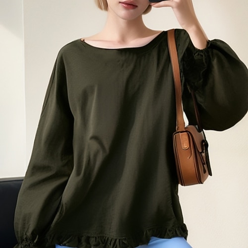 Damen Baumwoll-Leinen-Hemden Bluse Rüsche Einfach Basic Modern Langarm Quadrathals Normale Oberteile Täglich Ferien Ausgehen Schwarz Weiß Rosa Armeegrün Marineblau Sommer Image