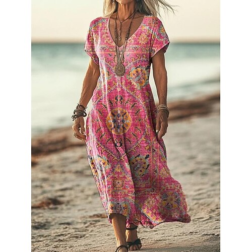 Damen Maxikleid Paisley-Kleid Freizeitkleid Langärmliges Boho-Kleid A Linie Kleid Bohemien Urlaub Vintage Urlaub Täglich Normale Passform Blumen Kurzarm V Ausschnitt Rosa Marineblau Blau Violett Image