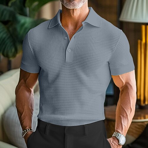 Herren Waffel-Poloshirts Textur Lässig Ferien Revers Gerippter Polokragen Kurzarm Mode Basic Einfach Knöpfe Weich Sommer Frühling Normale Passform Weiß Gelb Burgunderrot Grün Khaki Hellgrau Image