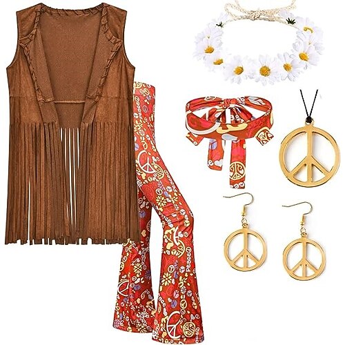 Retro Vintage 1960er 1970er Cosplay Kostüm Outfits Zubehörset Hippie Kostüm Damen Karneval Maskerade Leistung Party Pride Parade Erwachsene Weste Hose Ohrringe Image