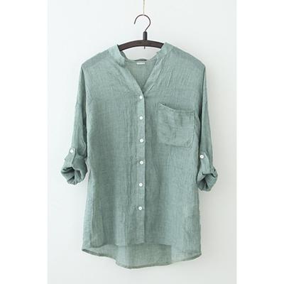 Women's Shirt Cotton Linen Shirts Button Up Blouse Plain Basic Modern Casual Long Sleeve V Neck Regular Tops Daily Going out Buttons Pocket White Navy Blue Green Apricot Gray Summer