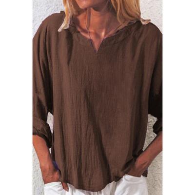 Women's Blouse Cotton Linen Shirts Plain Basic Modern Long Sleeve V Neck Regular Tops Holiday Going out Wine Light Brown Brown Green Summer