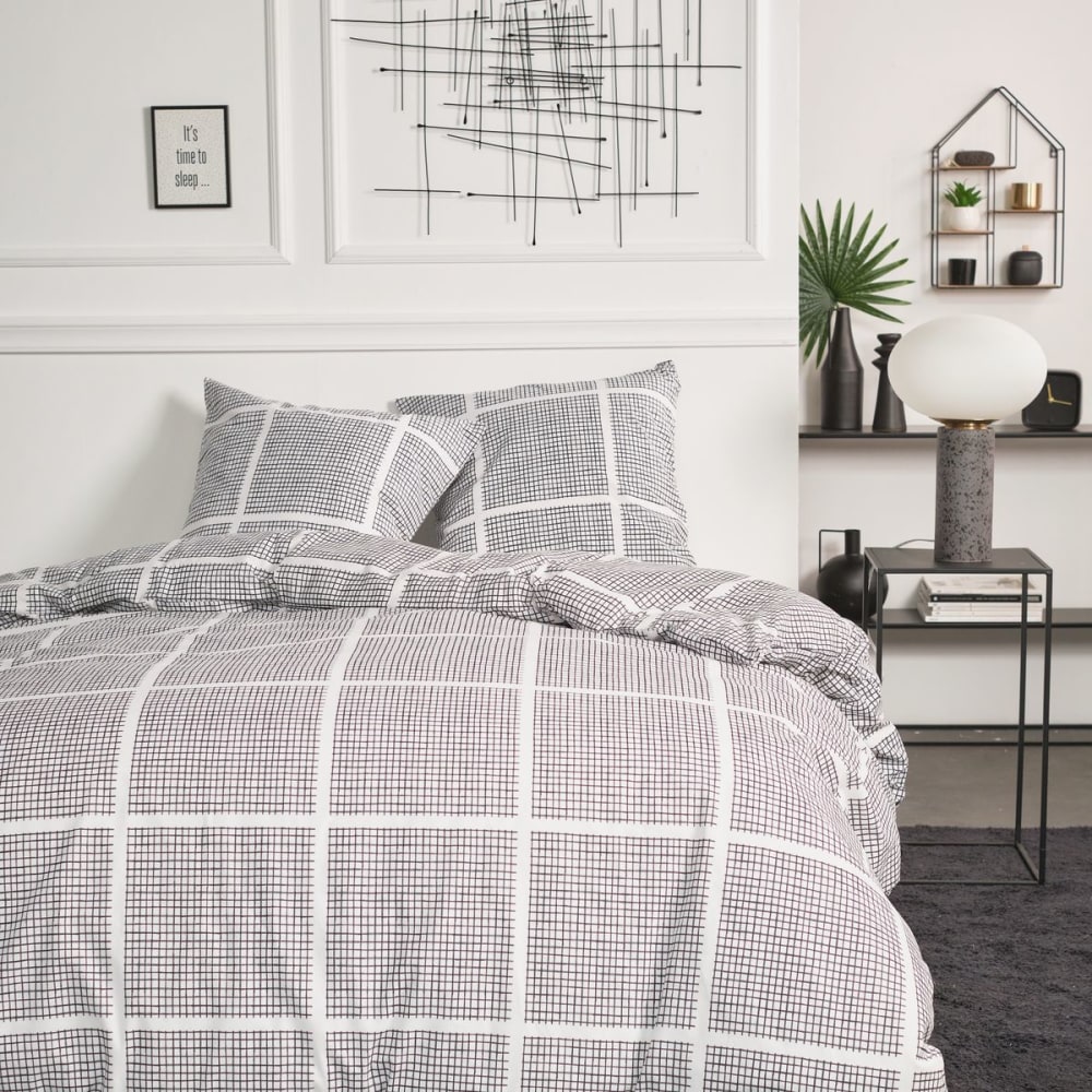Parure de lit imprimé A carreaux coton 260x240cm Blanc