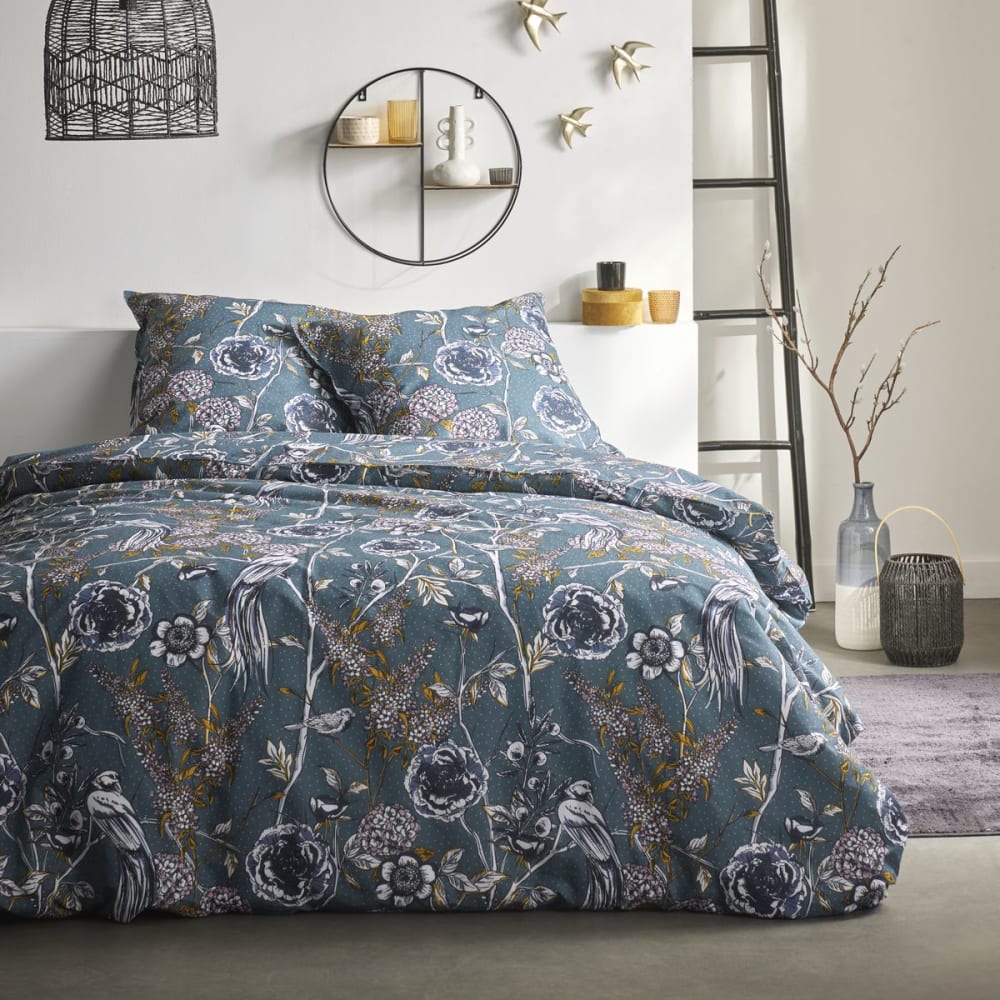 Parure de lit imprimé Floral coton 260x240cm Bleu