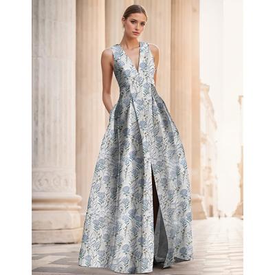 Jacquard Blue A-Line Evening Gown Floral Elegant Dress Formal Wedding Floor Length Sleeveless V Neck Nylon with Slit Pocket Wedding Guest Dress 2025