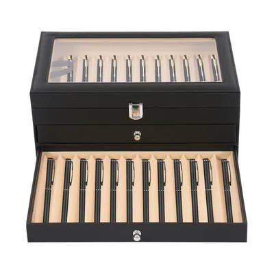 36-Slot Pen Display Box with Velvet Interior, Clear Glass Lid, 3-Tier Design, Perfect for Pen