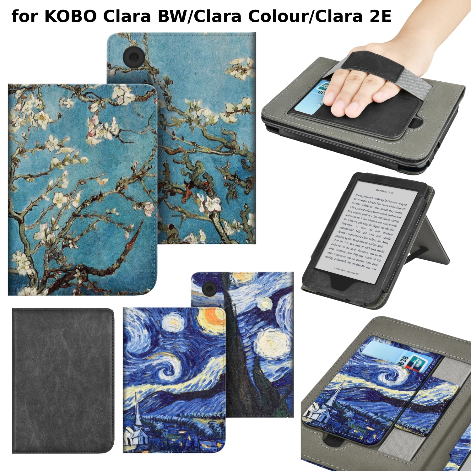 Per Kobo Clara BW / Colore / 2E Custodia con cinturino da polso Supporto per scheda Slot per scheda Custodia in pelle da 6 pollici Ebook N365 N367 2024 N506 Funda
