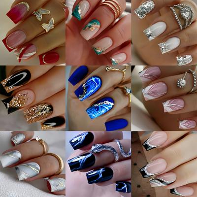 TEMU Press-on Fake Nail Sticker Set With 216pcs, Featuring A Of Colors In A Removable Box. Medium-length European Square Fake Nails In A Stylish And Beautiful Mix. Image