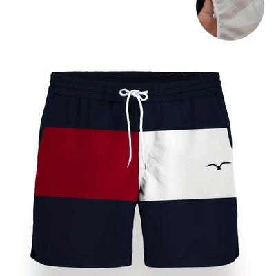 TEMU Men's Block Swim Trunks With Seagull Print, Quick-dry Polyester Mesh Lining, Drawstring Waist, Casual Beach , 3-quilted Design, Two-part Shorts