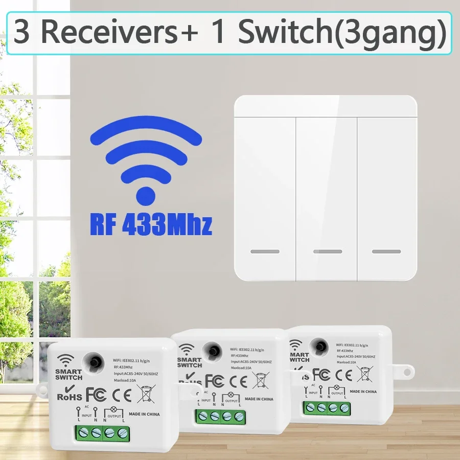 433 MHz 1/2/3 Gang 86 Wandpanel-Schalter, kabelloses Smart-Switch-Licht mit Fernbedienungsunterbrecher, 10 A, 110 V, 220 V, für LED-Lampe Image