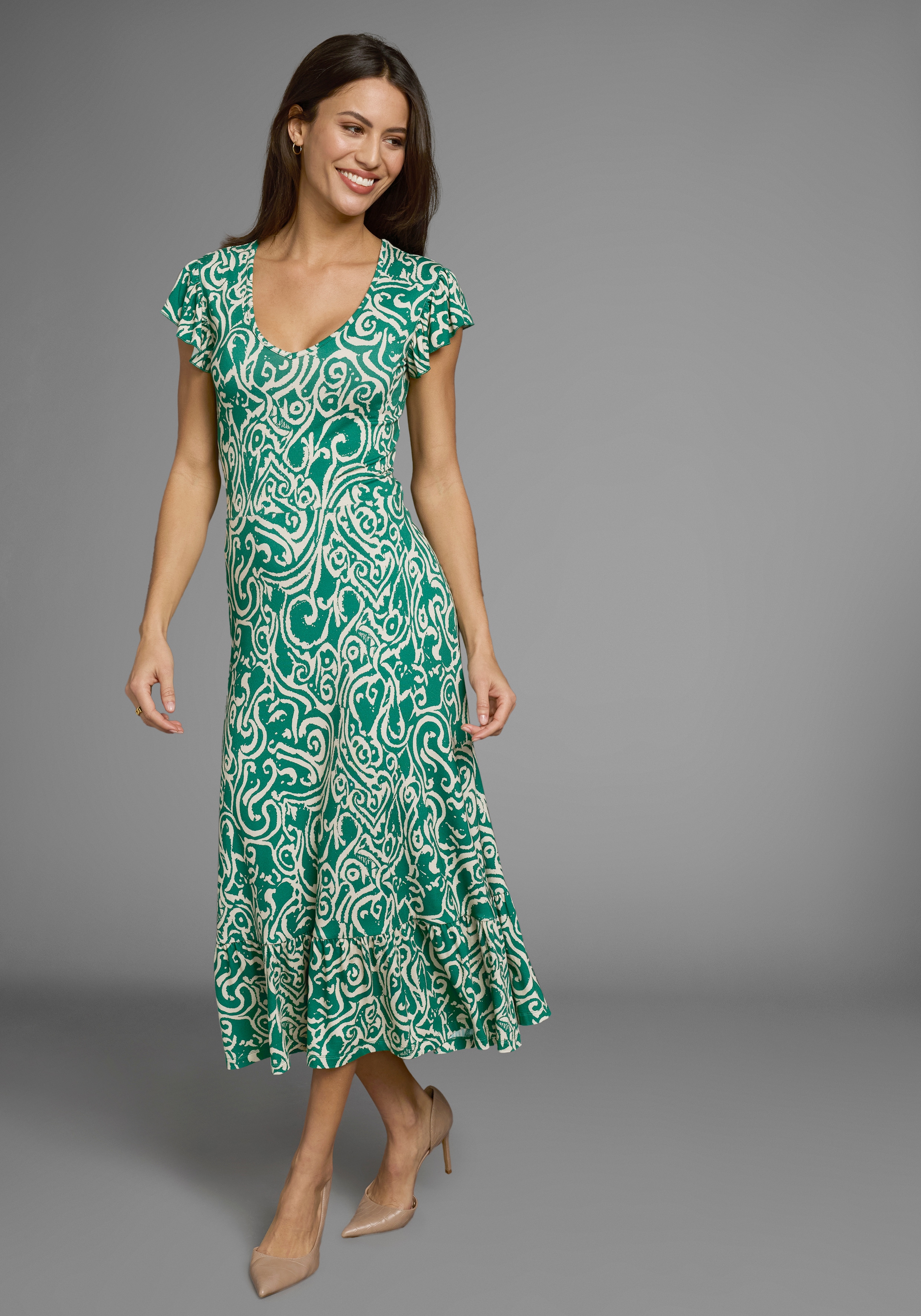 Sommerkleid LAURA SCOTT, Damen, Gr. 42, N-Gr, grün, sand, gemustert, Single Jersey, Obermaterial: 95% Viskose, 5% Elasthan, gemustert, figurbetont lang, V-Ausschnitt, Volant, Kleider Sommerkleid, mit Alloverdruck & leicht gerafften Flügel-Ärmeln Image